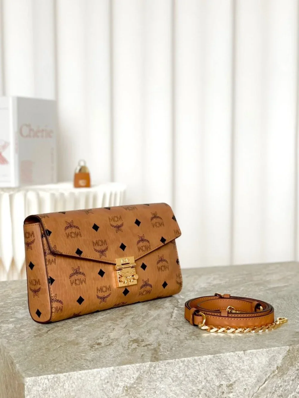 MCM Tan Monogram Clutch with Gold Accent - Picture 9 of 9